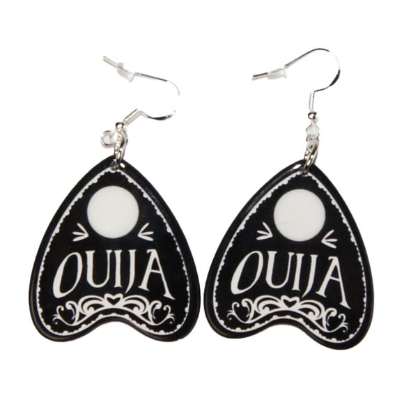3=$25 Ouija Planchet Black & White Resin Earrings w‎ 925 Silver Hypoallergenic - Picture 1 of 2